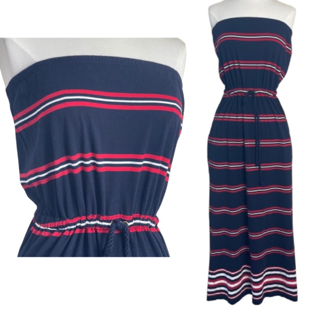 Tommy Hilfiger Strapless Red, White, Blue Striped Maxi Dress with Pockets | M